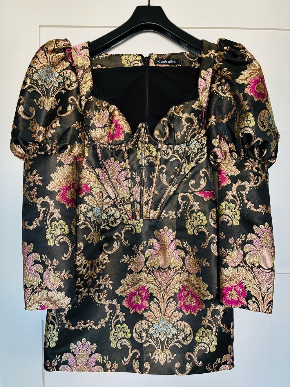 Lavish Alice US 4 UK 8 Black & Gold Floral Brocade Corset Mini Dress
